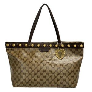 Gucci Crystal GG Tote Bag 207291 Beige Dark Brown Coated Canvas Leather